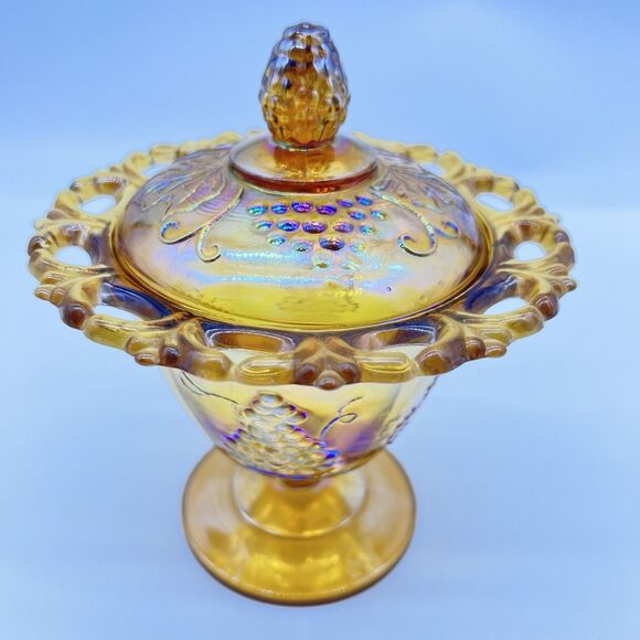 VTG 70s Indiana Amber Glass Carnival Autumn Harvest Grape Candy Jelly Dish w/Lid - Picture 2 of 11